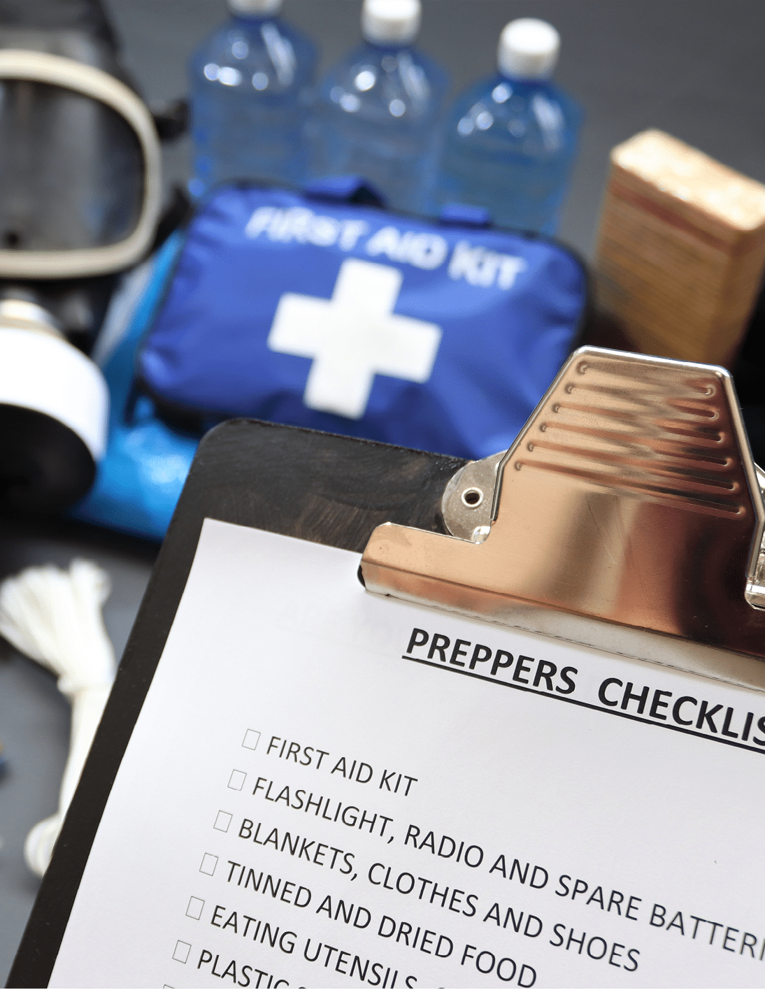 Clipboard checklist.Preppers are know for preparing for natural disasters,economic collapse,civil unrest or any doomsday scenario Such items would include food,water,lighting,shelter,and first aid kit