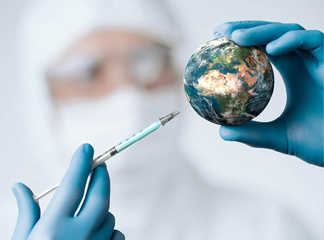 Pandemic concept, close up of scientist injecitng vaccine into the earth