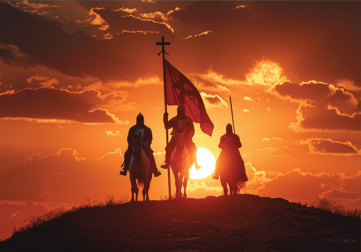 Silhouetted Knights Templar on horseback holding flags and spears, with a city and a glowing sunset in the background.