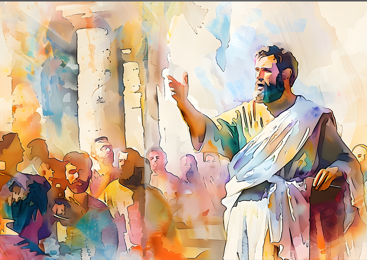 This vibrant watercolor painting depicts the Apostle Paul preaching to a captivated crowd in the ancient city of Ephesus The scene symbolizes the boldness and perseverance needed in proclaiming the