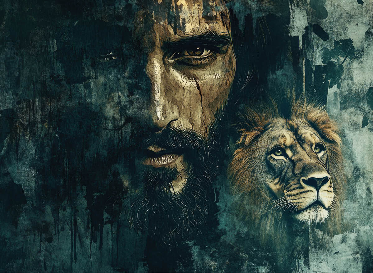 A powerful digital portrait of Jesus Christ as the Lion of Judah, with a regal lion by His side. The man €™s face is filled with strength and wisdom, while the lion €™s fierce gaze reflects divine authority. The grunge watercolor background adds depth and intensity, symbolizing His power and sacrifice