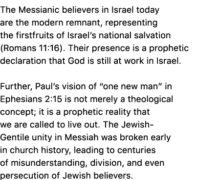 The Messianic believers in Israel today are the modern remnant, representing the firstfruits of Israel’s national sal...