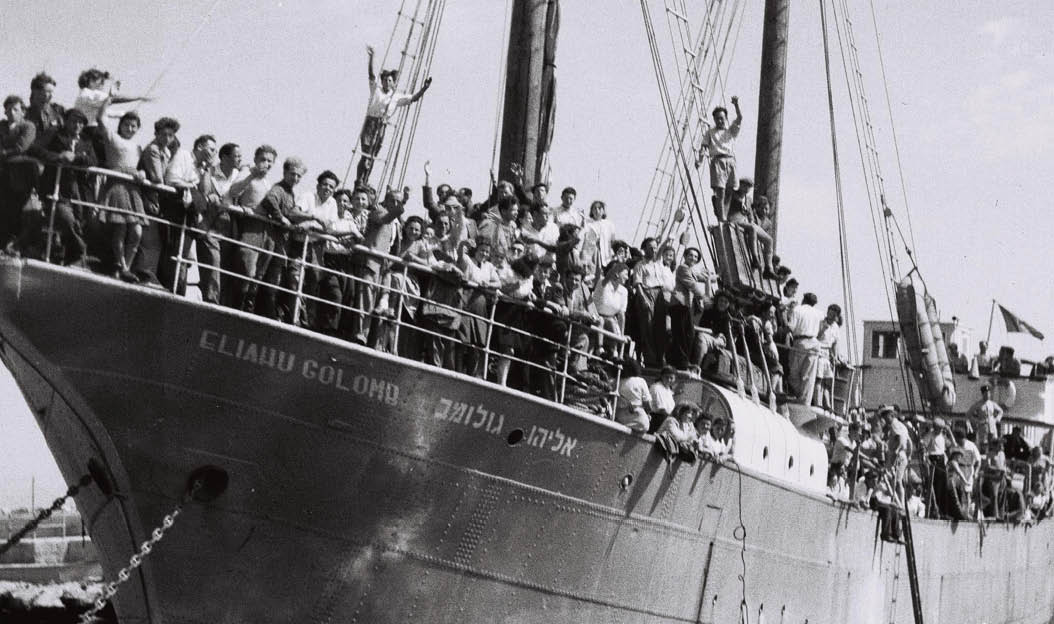 THE ILLEGAL IMMIGRANTS SHIP “ELIAHU GOLOMB"      ANCHORED IN HAIFA PORT.  אוניית המעפילים "אליהו גולומב", עוגנת בנמל חיפה.