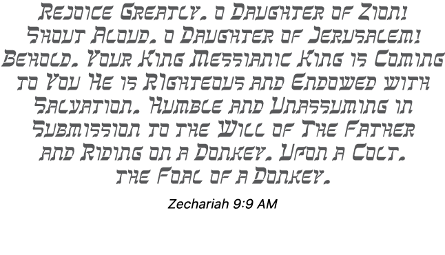 Rejoice greatly, O Daughter of Zion! Shout aloud, O Daughter of Jerusalem! Behold, your King Messianic King is coming...