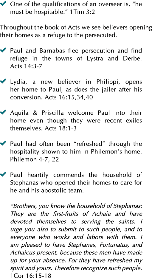   One of the qualifications of an overseer is,  he must be hospitable   1Tim 3:2 Throughout the book of Acts we see b   