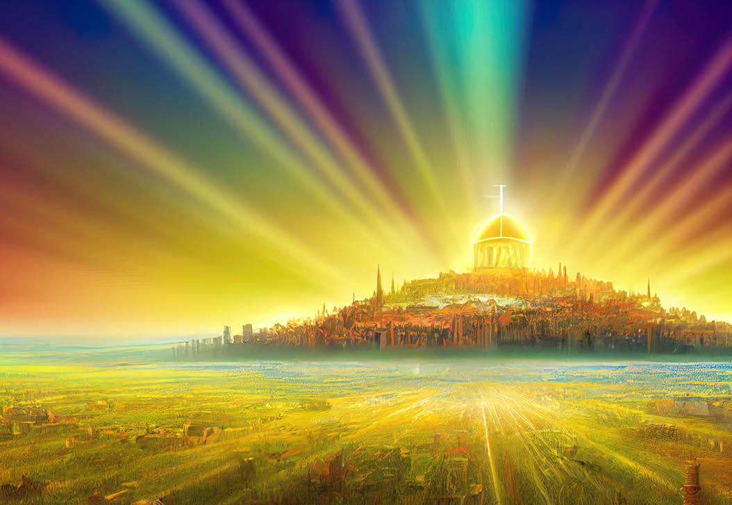 The New Jerusalem Holy City of Zion glowing with the glory of God in front of a grassy plain  Biblical imagery Revelation concept of New Earth  3d rendering religious illustration 