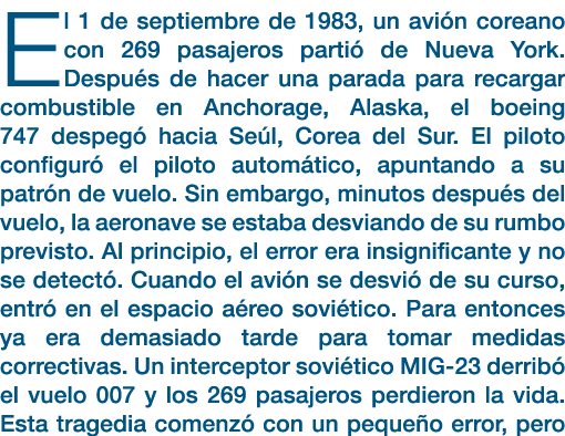 El 1 de septiembre de 1983, un avión coreano con 269 pasajeros partió de Nueva York  Después de hacer una parada para   