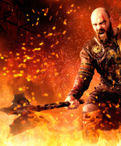 Angry viking with axe dressed in traditional nordic clothes standing in fire, battle in action  Scandinavian ancient warrior