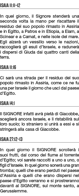 Isaia 11:11–12 In quel giorno, il Signore stender una seconda volta la mano per riscattare il residuo del suo popolo...