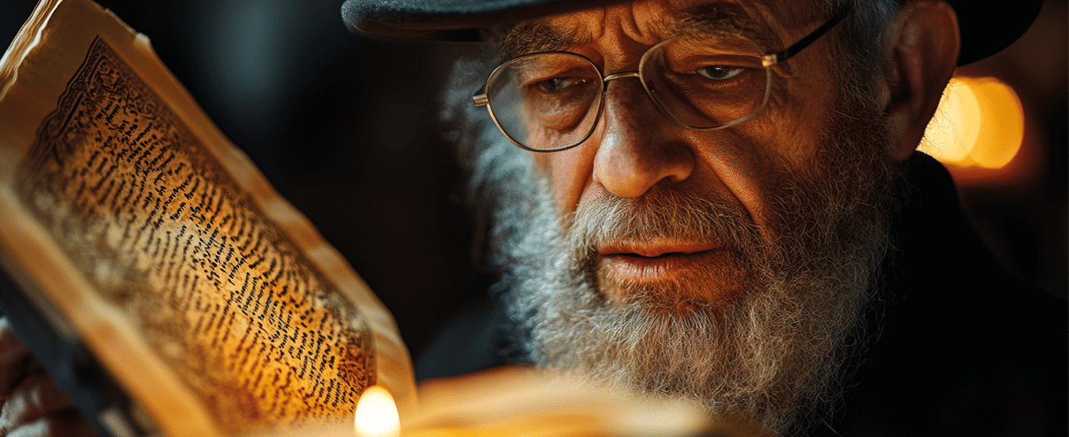 Elderly rabbi with a long beard and glasses studies torah by candlelight, observing passover traditions