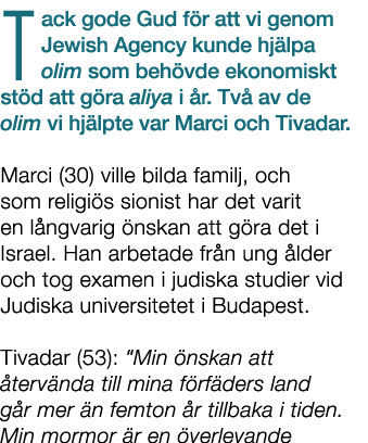 Tack gode Gud f r att vi genom Jewish Agency kunde hj lpa olim som beh vde ekonomiskt st d att g ra aliya i r. Tv  a...