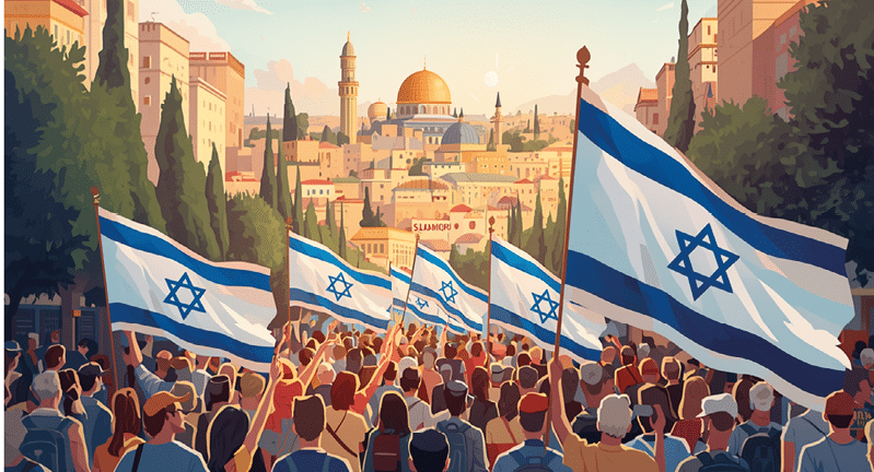 A large crowd of people is gathered outdoors holding multiple flags with a blue Star of David, set against a backdrop of a historic cityscape with domed buildings and trees in a warm, painterly style. Description generated by AI
