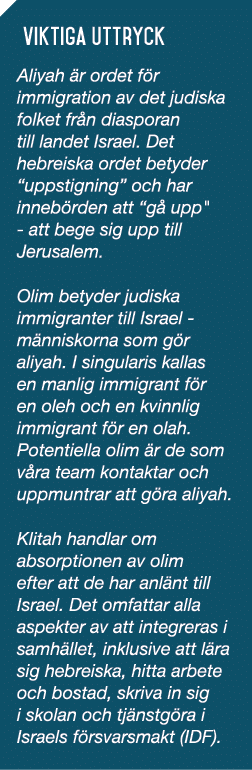 Viktiga uttryck Aliyah r ordet f r immigration av det judiska folket fr n diasporan till landet Israel. Det hebreisk...