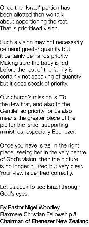 Once the  Israel  portion has been allotted then we talk about apportioning the rest  That is prioritised vision  Suc   