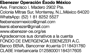 Ebenezer Operaci n xodo M xico Ave. Francisco I. Madero 2902 Pte. Colonia Mitras Sur, Monterrey, N.L.M xico 64020 Wh...